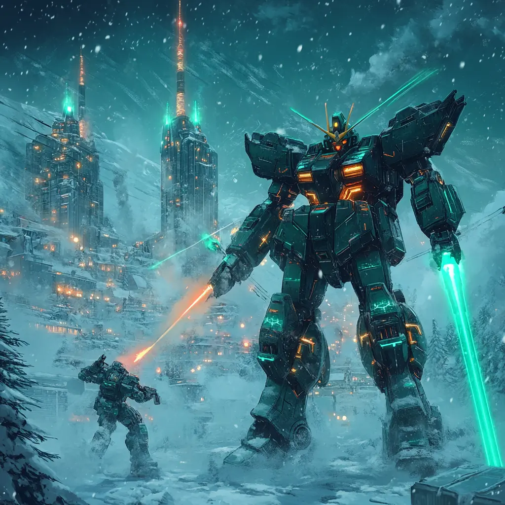 Giant armored mechs with glowing energy blades guarding a frozen citadel