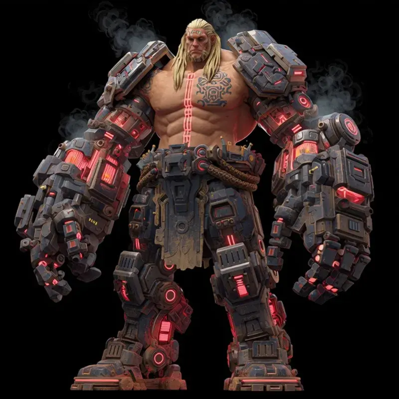 Tank character concept with massive armored gauntlets and red energy cores