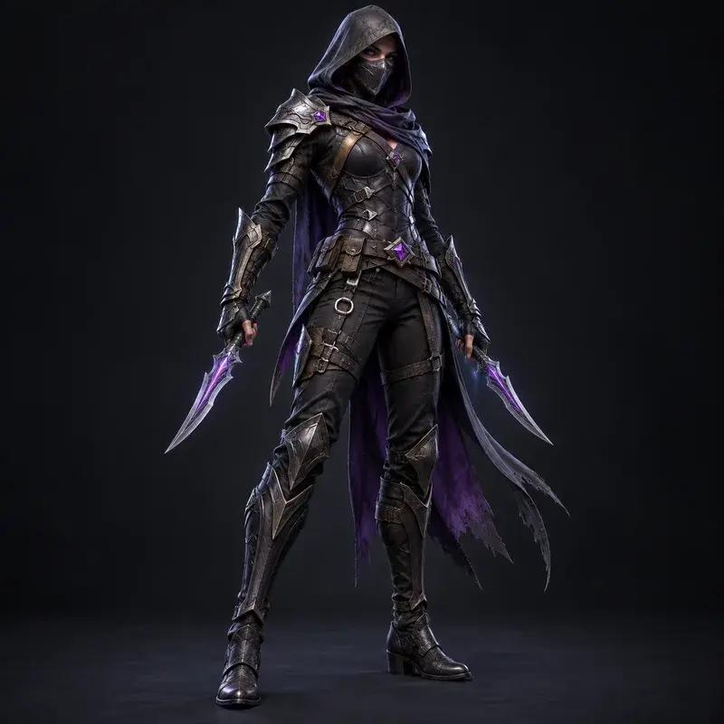 Rogue character concept with a hood, dark armor, and paired violet daggers