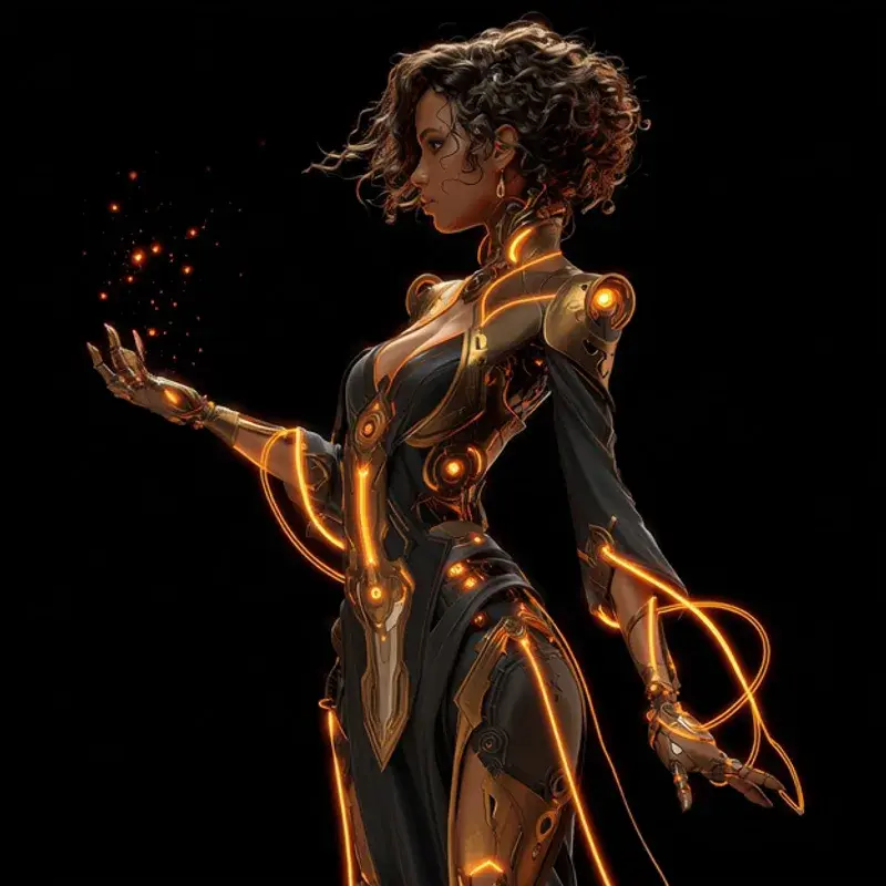 Mage character concept channeling amber energy through illuminated armor