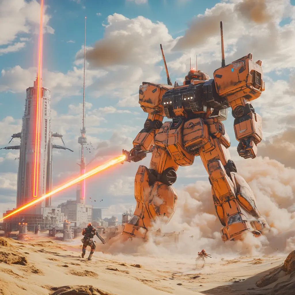 An enormous golden mech defending desert towers with an energy blade