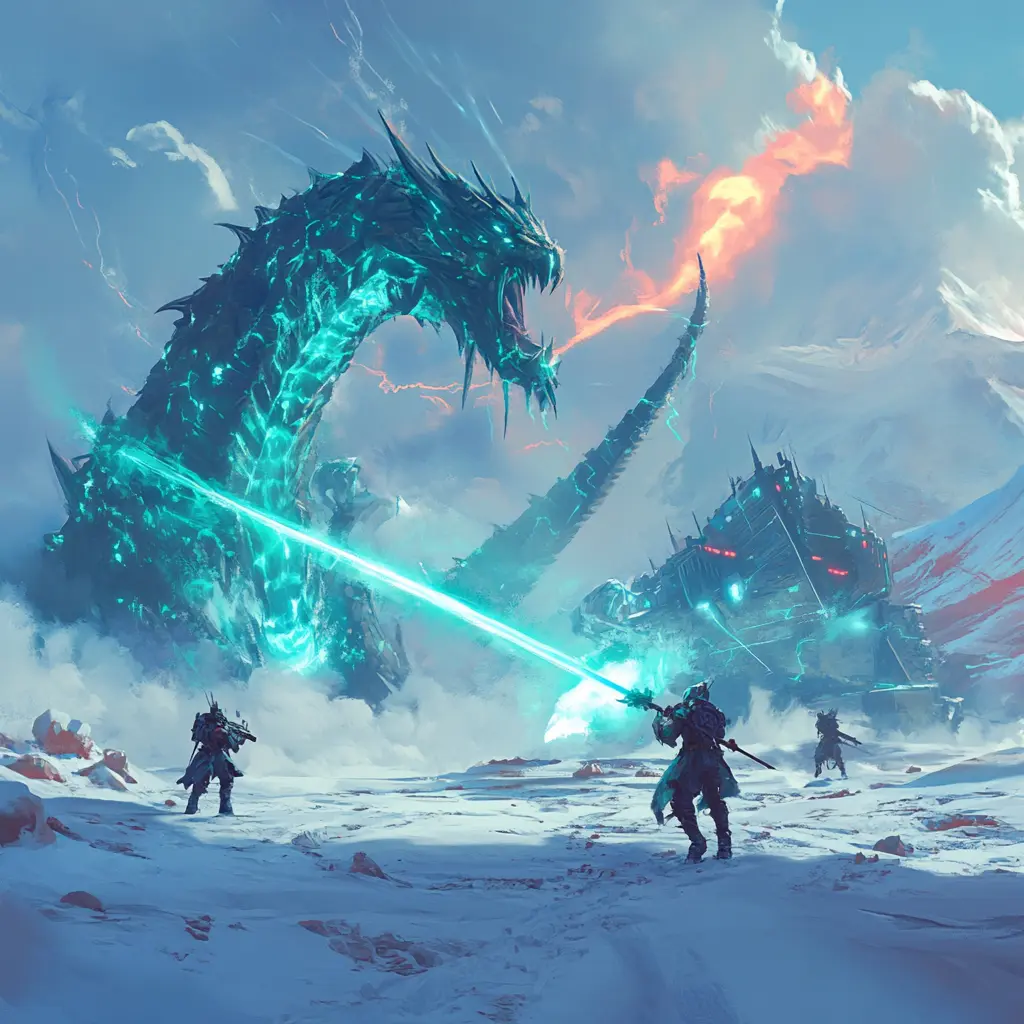 Adventurers confronting a towering ice creature in a snowy valley