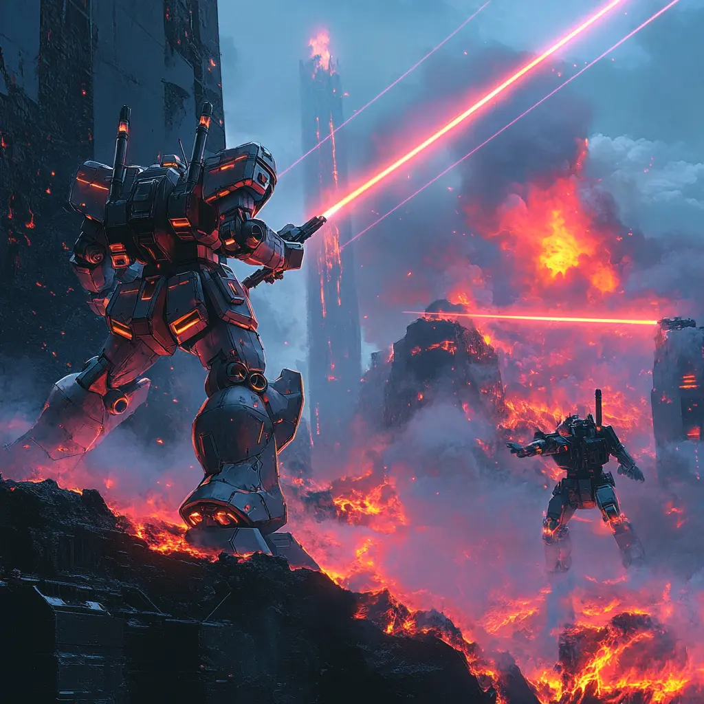 Towering red-lit mechs exchanging laser fire across a volcanic fortress